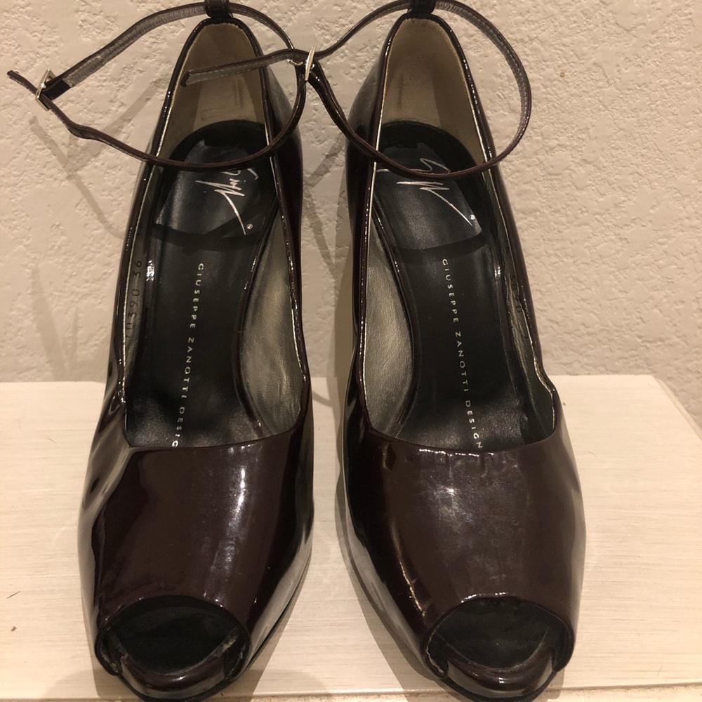 Giuseppe Zanotti patent deep plum peep toe heel